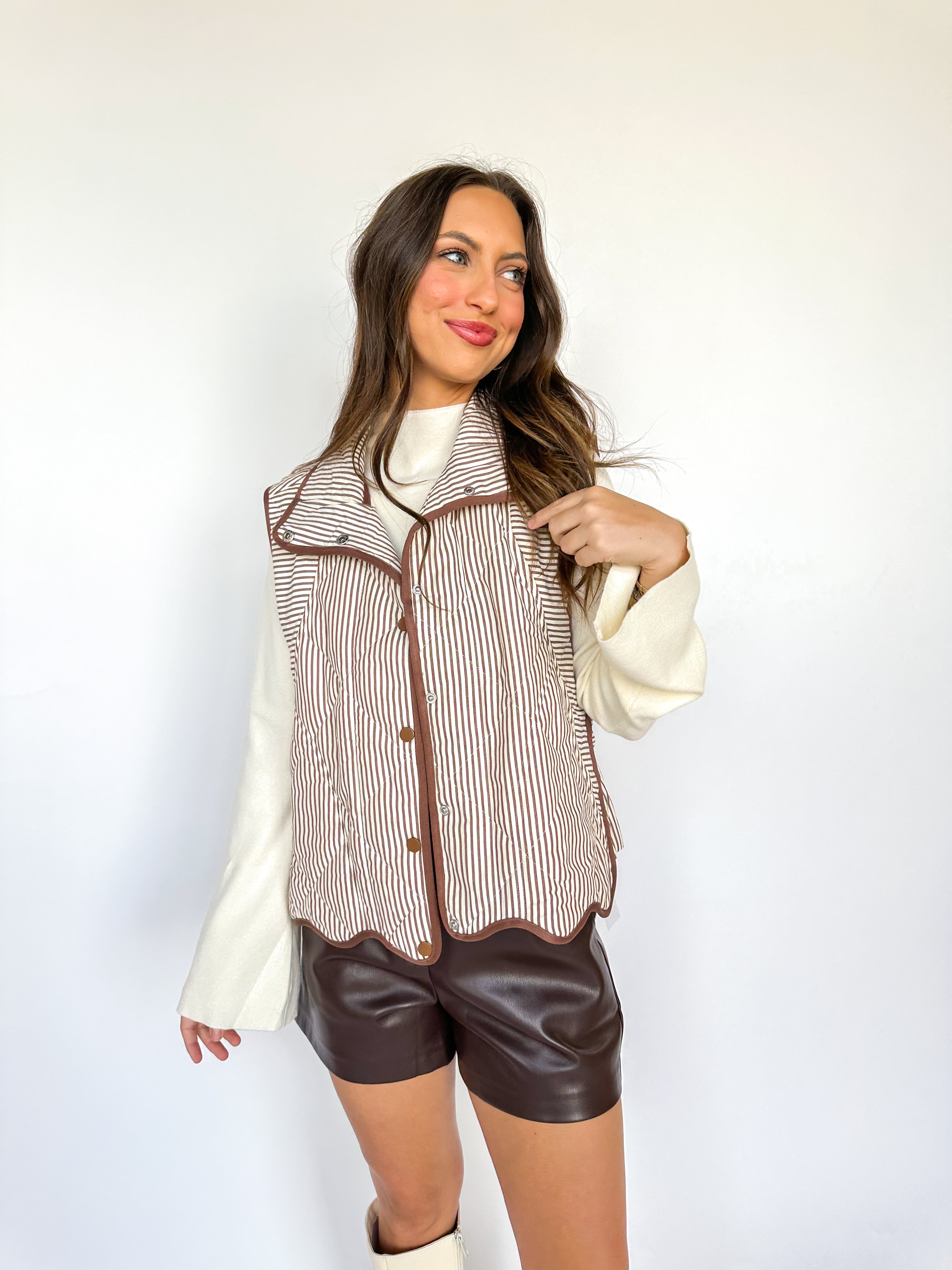 Brown Striped Scallop Puff Vest