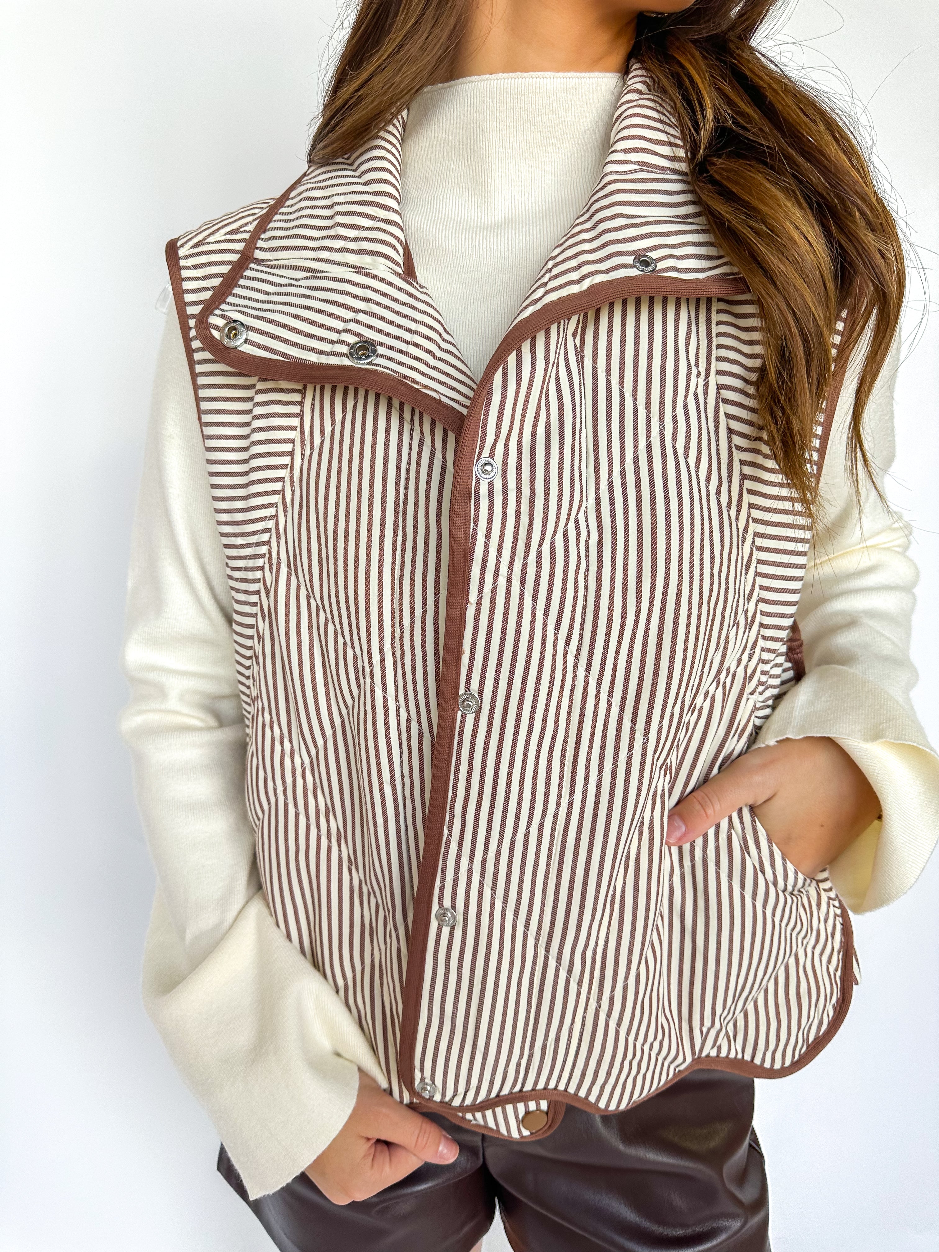 Brown Striped Scallop Puff Vest