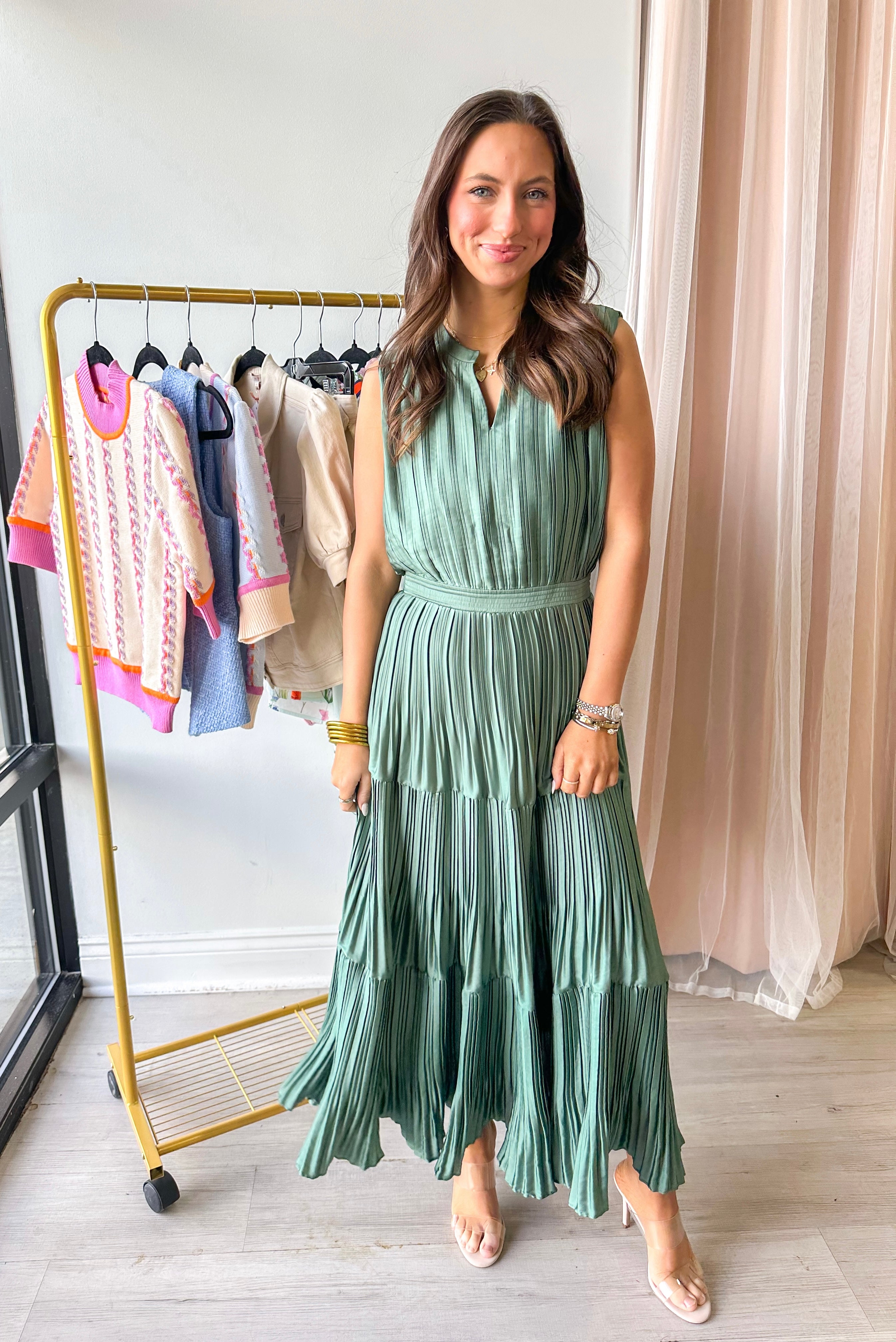 A Little Extra Pleating Sage Green Dress