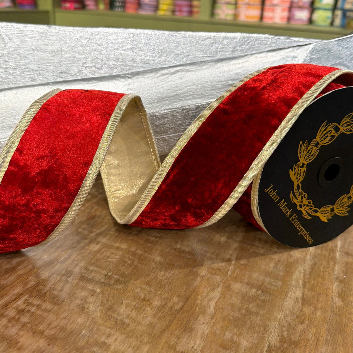 John Mark Ribbon Red Velvet DBL Fused Metallic Dupion Gold Piping-2.5x10yd
