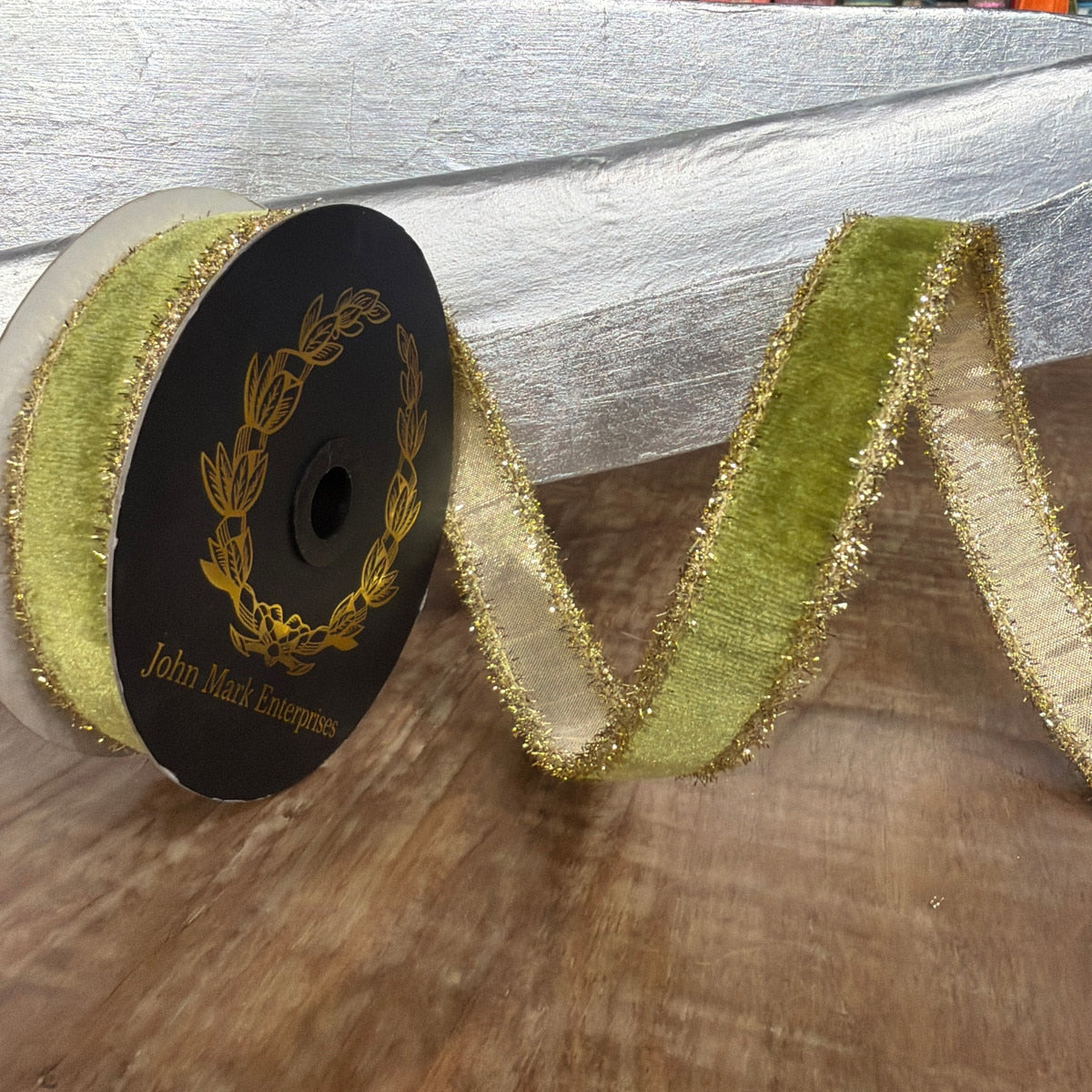 John Mark Ribbon Velvet Metallic Dupion DBL Fused Tinsel Edge Apple-1x10yd