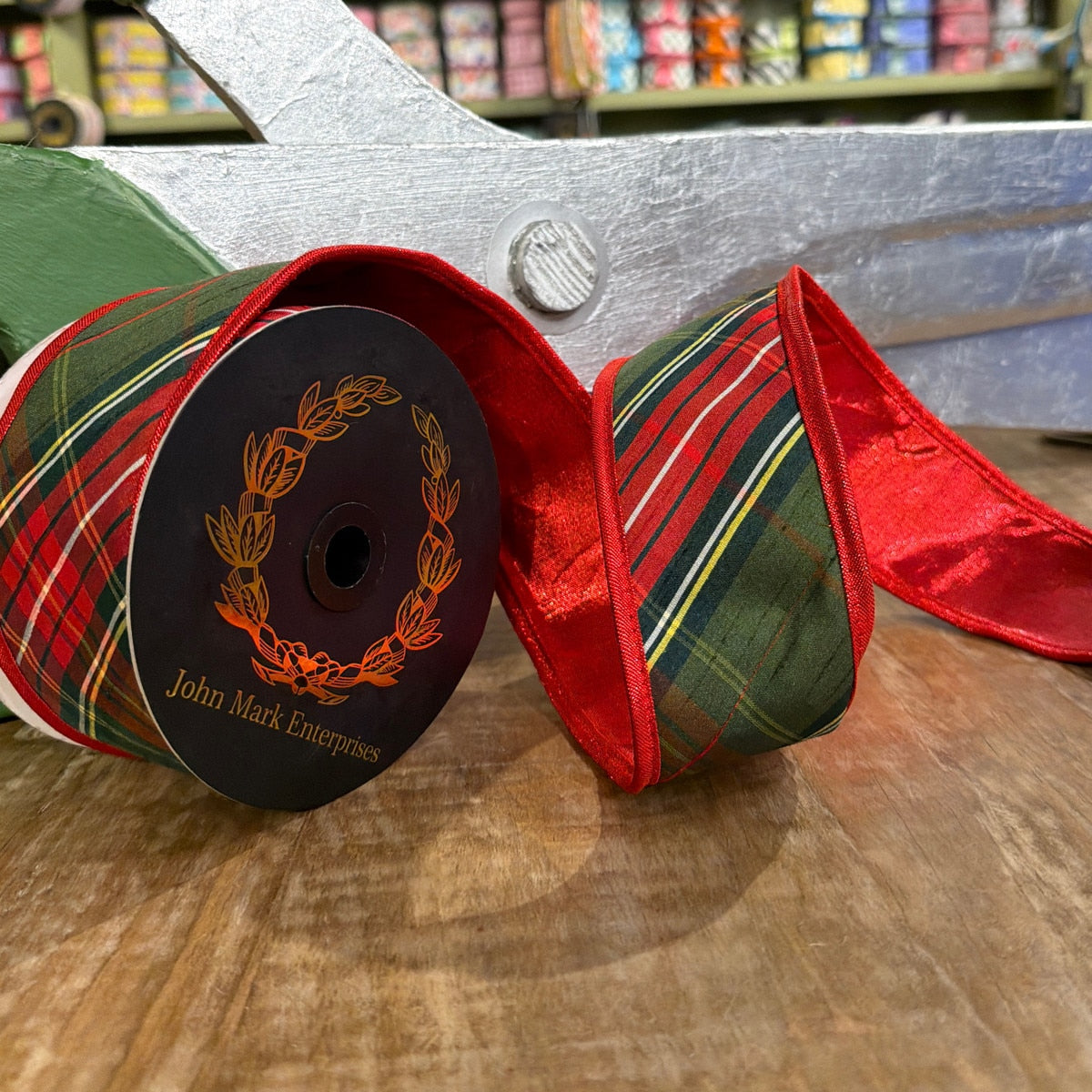 John Mark Ribbon Traditions Plaid DBL Fused Metallic Red-2.5x10yd