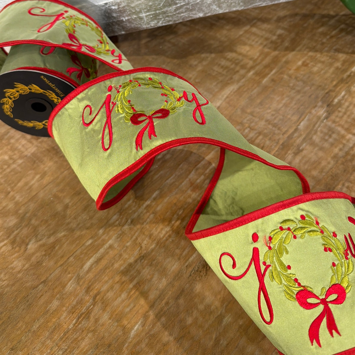 John Mark Ribbon Embroidered Joy Wreath Taffeta Fused- 4x5yd