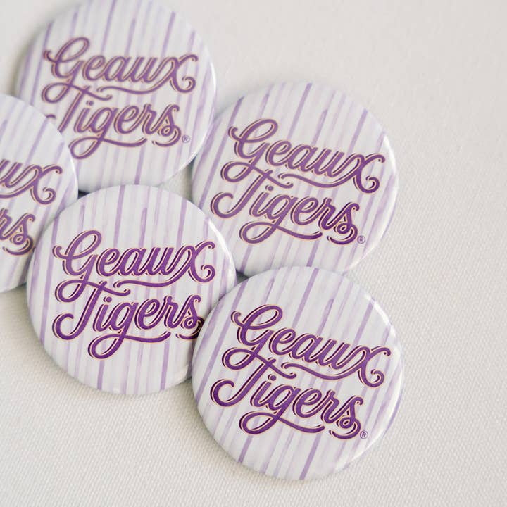 Purple Striped Geaux Tigers Button