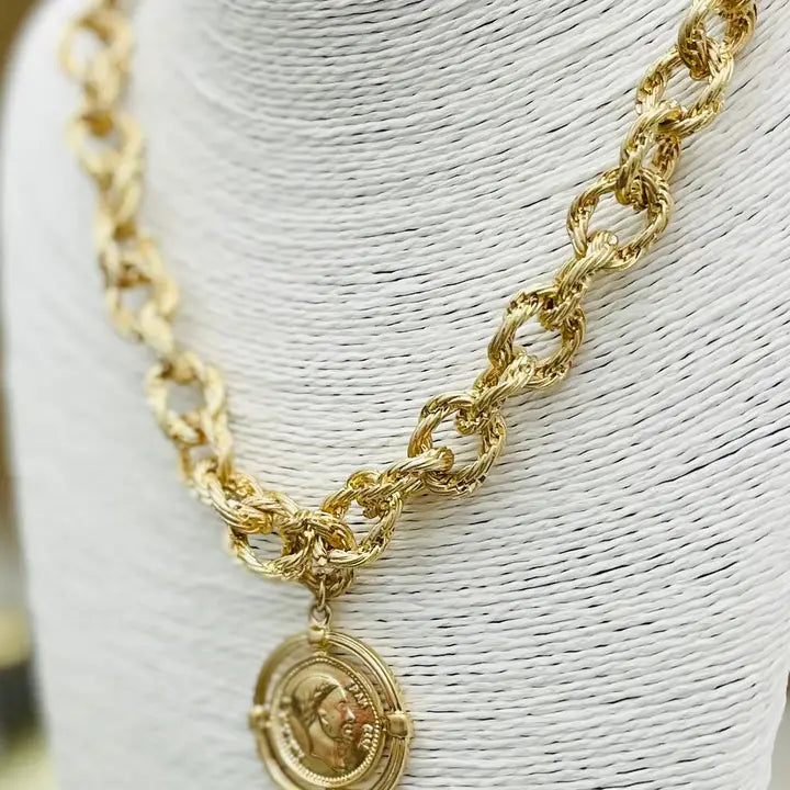 Vintage + twisted Link Gold Coin Necklace