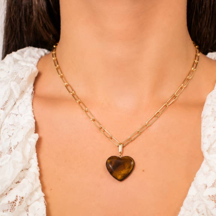 Hazel Tigers Eye Heart Paperclip Necklace