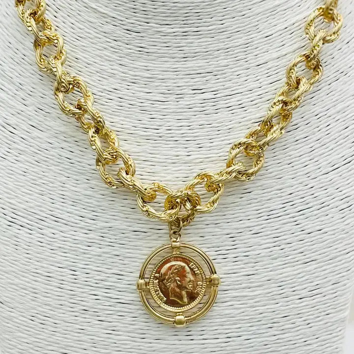 Vintage + twisted Link Gold Coin Necklace